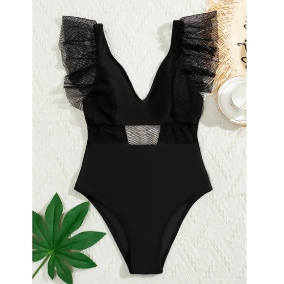 *Shein Black Contrast Mesh Ruffle One Piece Swimsuit - Picture 5 of 12